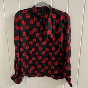 Vintage Black & Red Poppy Silk Blouse - Size Small